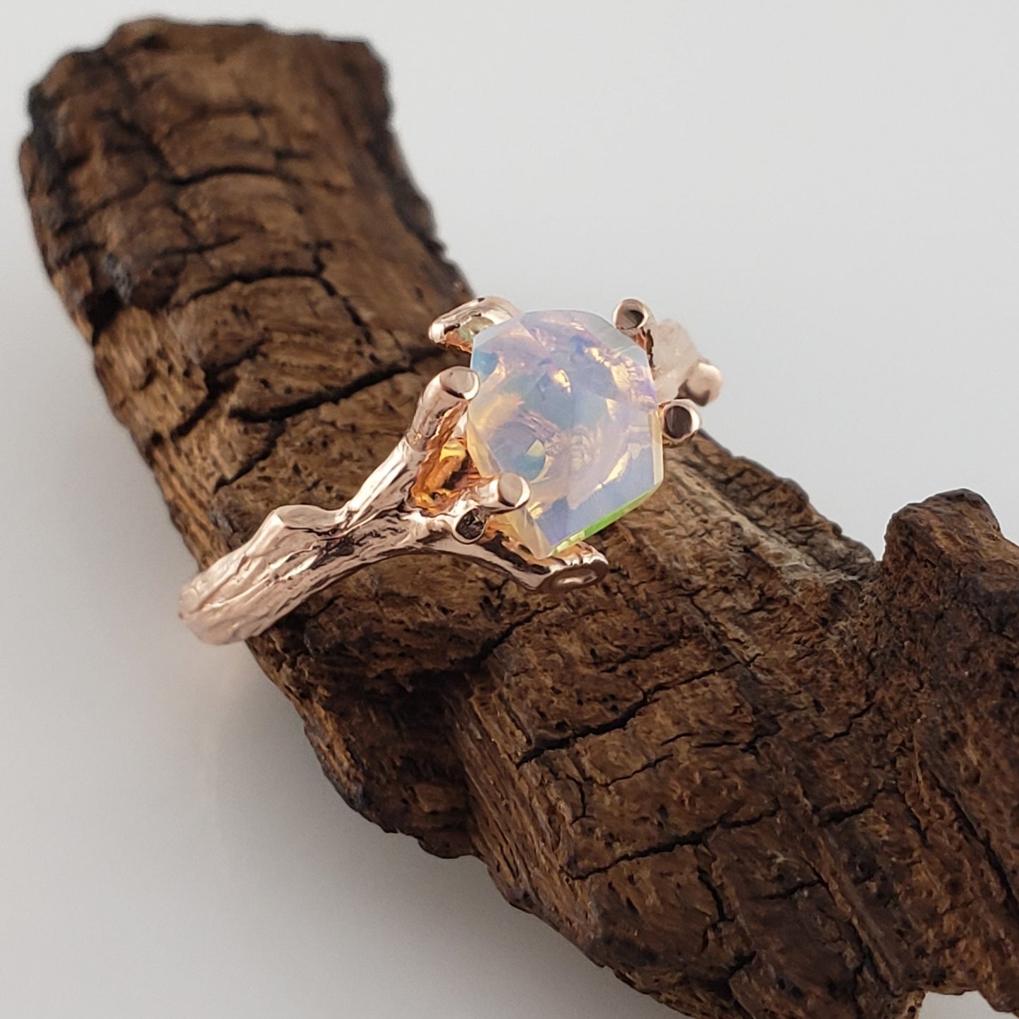 Opal Twig Engagement Ring in 14k Rose Gold, Engagement Ring - Hand Cut Natural Opal Ring - Anniversary Ring