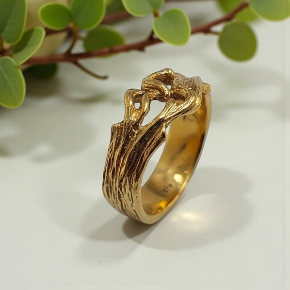 handcrafted Twig Branch Heart Ring in yellow gold