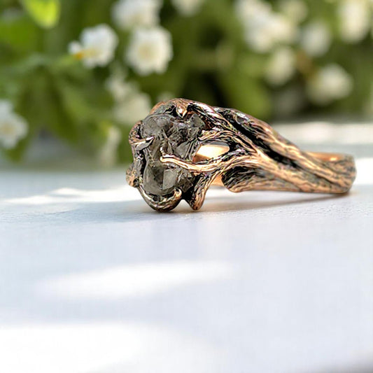 Vintage Style Raw Salt & Pepper Diamond Ring in 14k Rose Gold