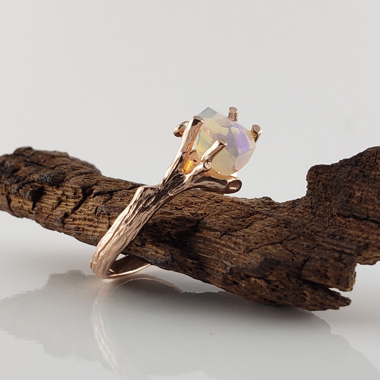 Opal Twig Engagement Ring in 14k Rose Gold, Engagement Ring - Hand Cut Natural Opal Ring - Anniversary Ring