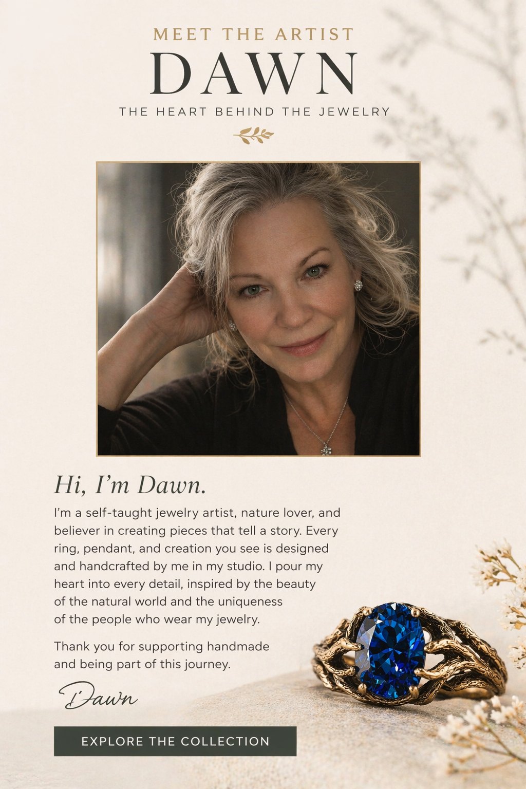 Promotional image of jewelry artist Dawn with a blue gemstone ring and text about her work.