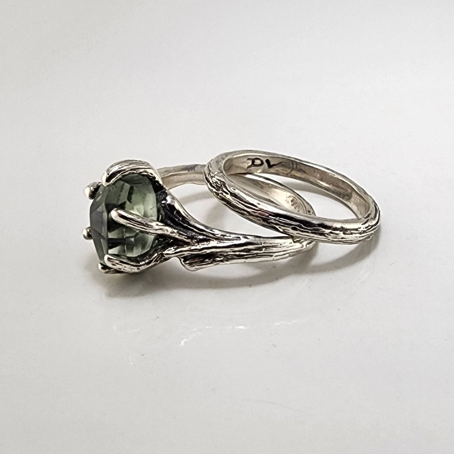 Green Amethyst Sterling Silver Engagement Ring Set by DV Designs