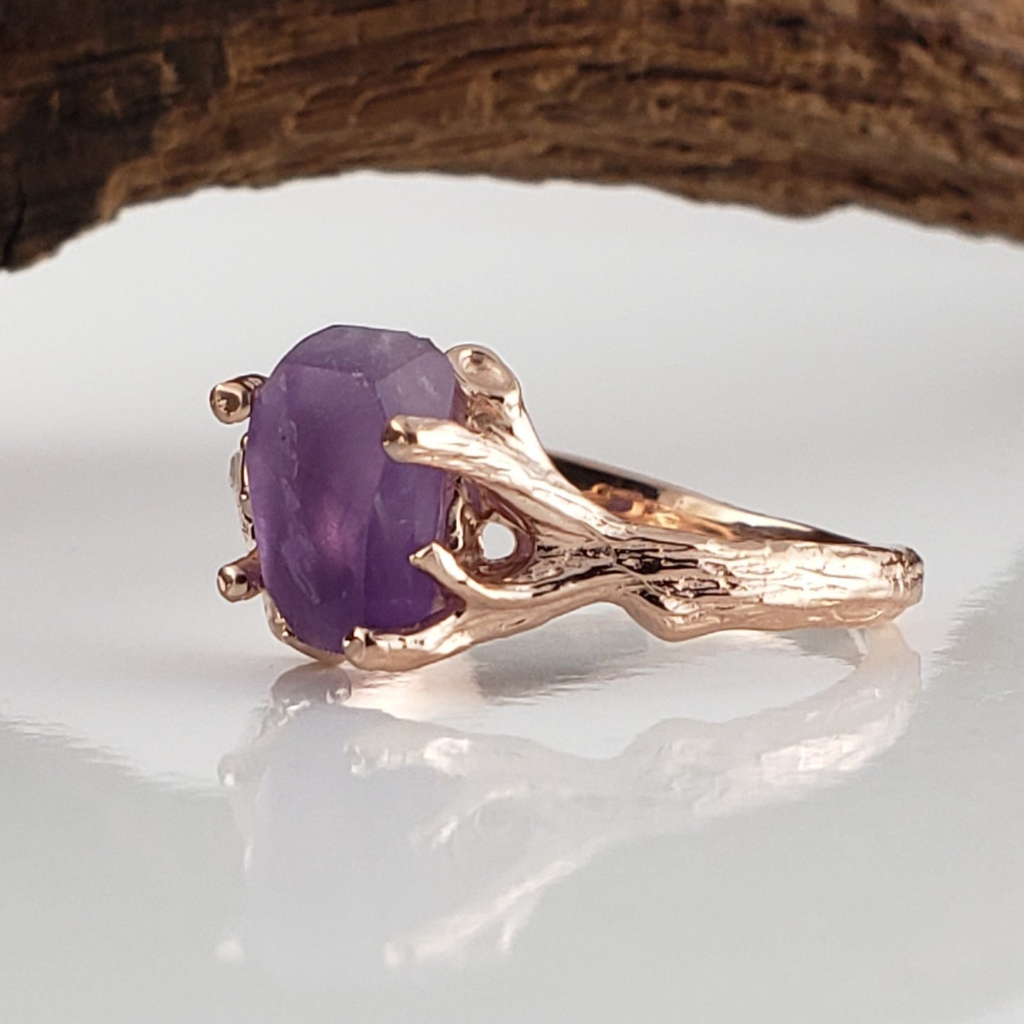 Hand Cut Rough Amethyst 14k Rose Gold Twig Ring, Gemstone Solitaire, Engagement Ring by Dawn Vertrees