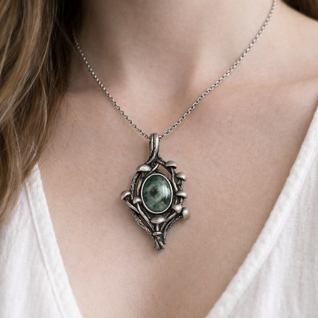 Silver pendant with mushrooms and a green moss agate stone on a person wearing a white top.