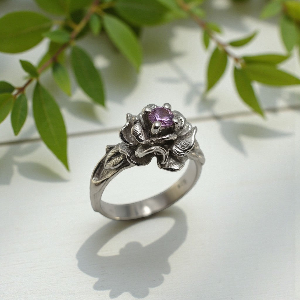 Pink Sapphire Rose Ring in Sterling Silver