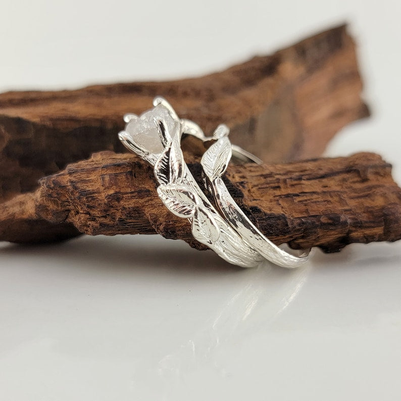 Sterling Silver Leaf and Twig Raw Diamond Ring