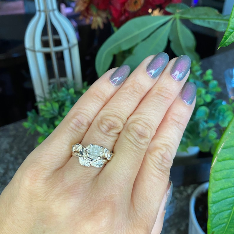 Sterling Silver Leaf and Twig Raw Diamond Ring