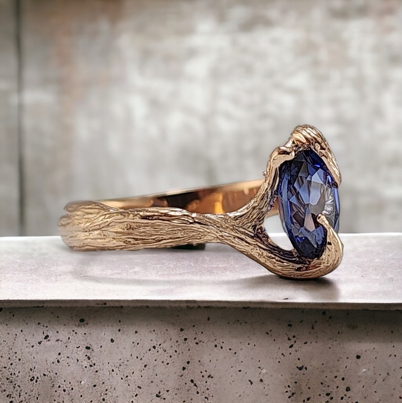 Oval Blue Sapphire Twig Engagement Ring in 14k Rose Gold – Handmade Nature-Inspired Sapphire Ring, Unique Branch Style Fine Jewelry