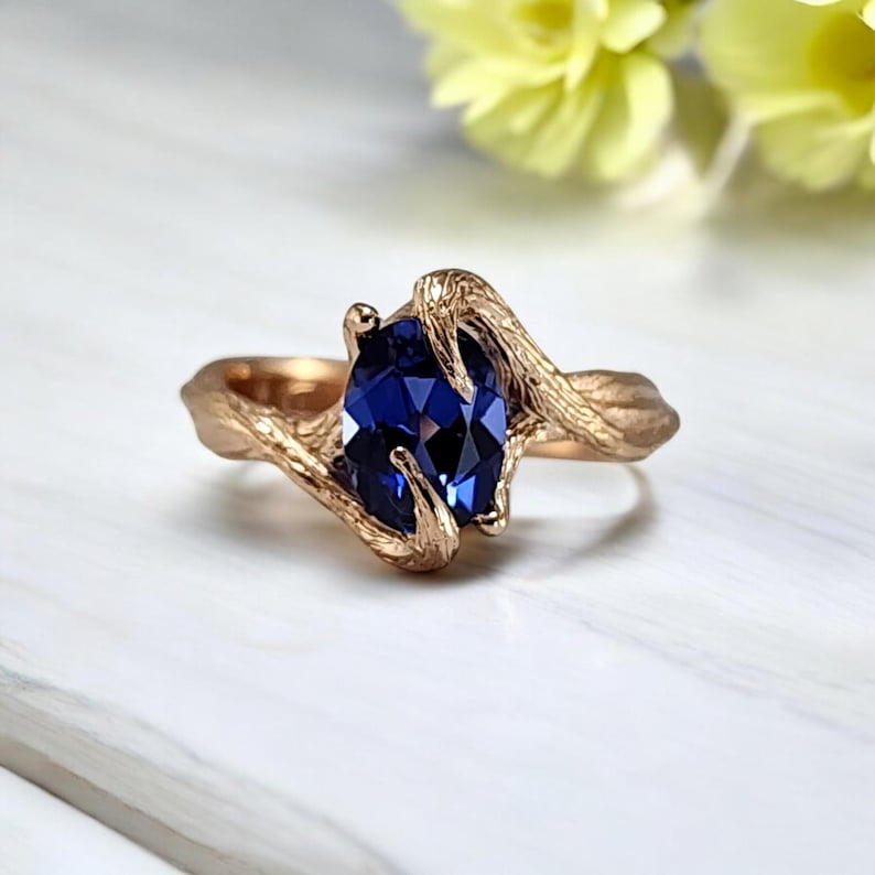 Oval Blue Sapphire Twig Engagement Ring in 14k Rose Gold – Handmade Nature-Inspired Sapphire Ring, Unique Branch Style Fine Jewelry