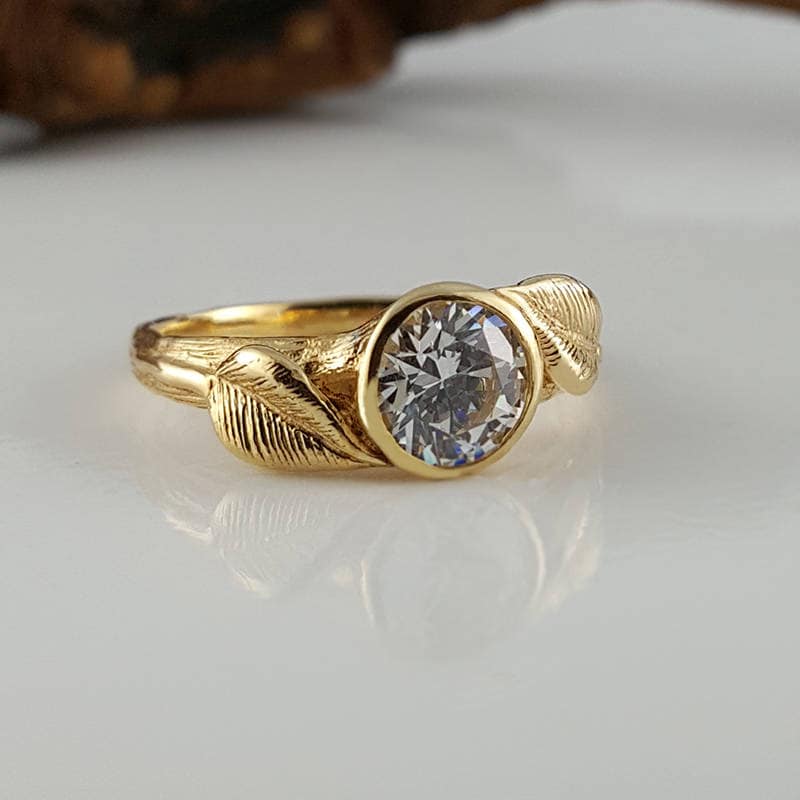 Round 1ct Moissanite Engagement Ring: Hand-sculpted Leaf Setting in Solid Gold