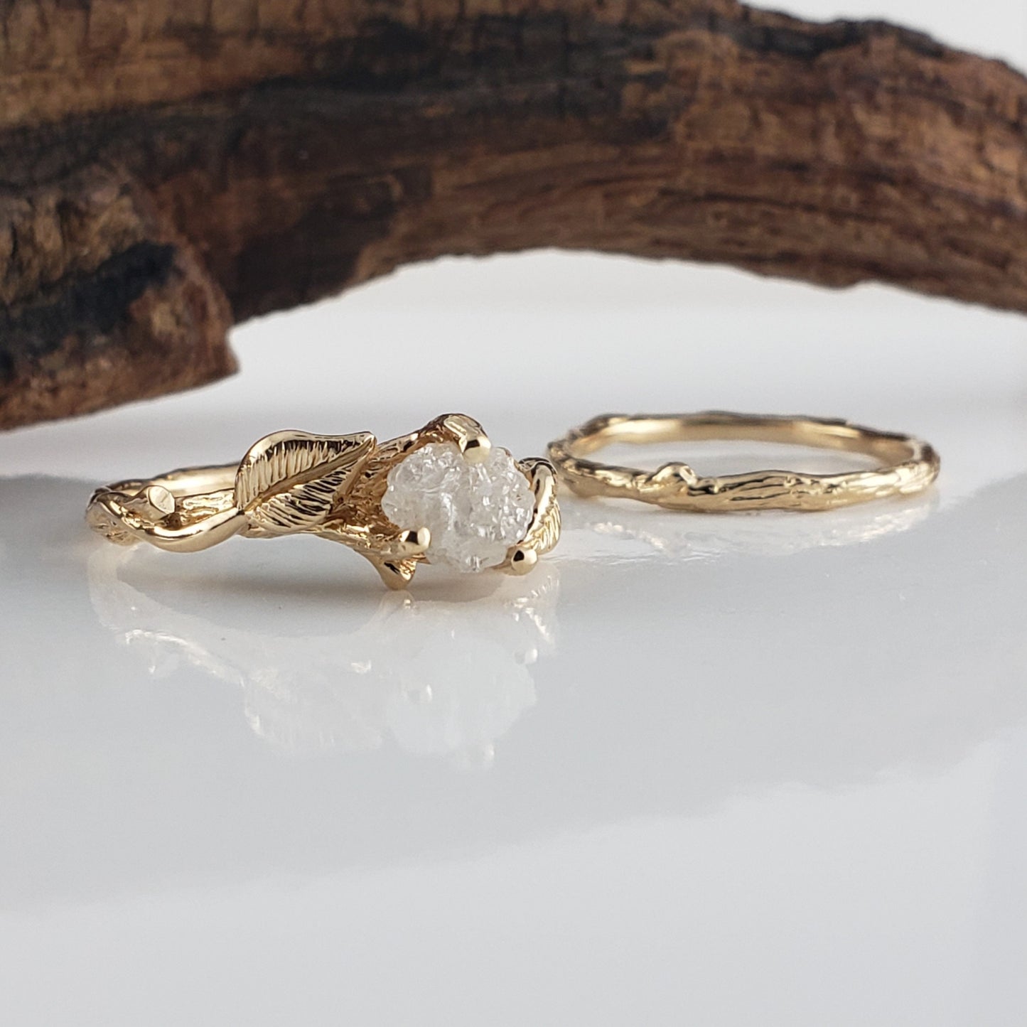 Rough Diamond Solitaire Ring with Leaf and Twig Design