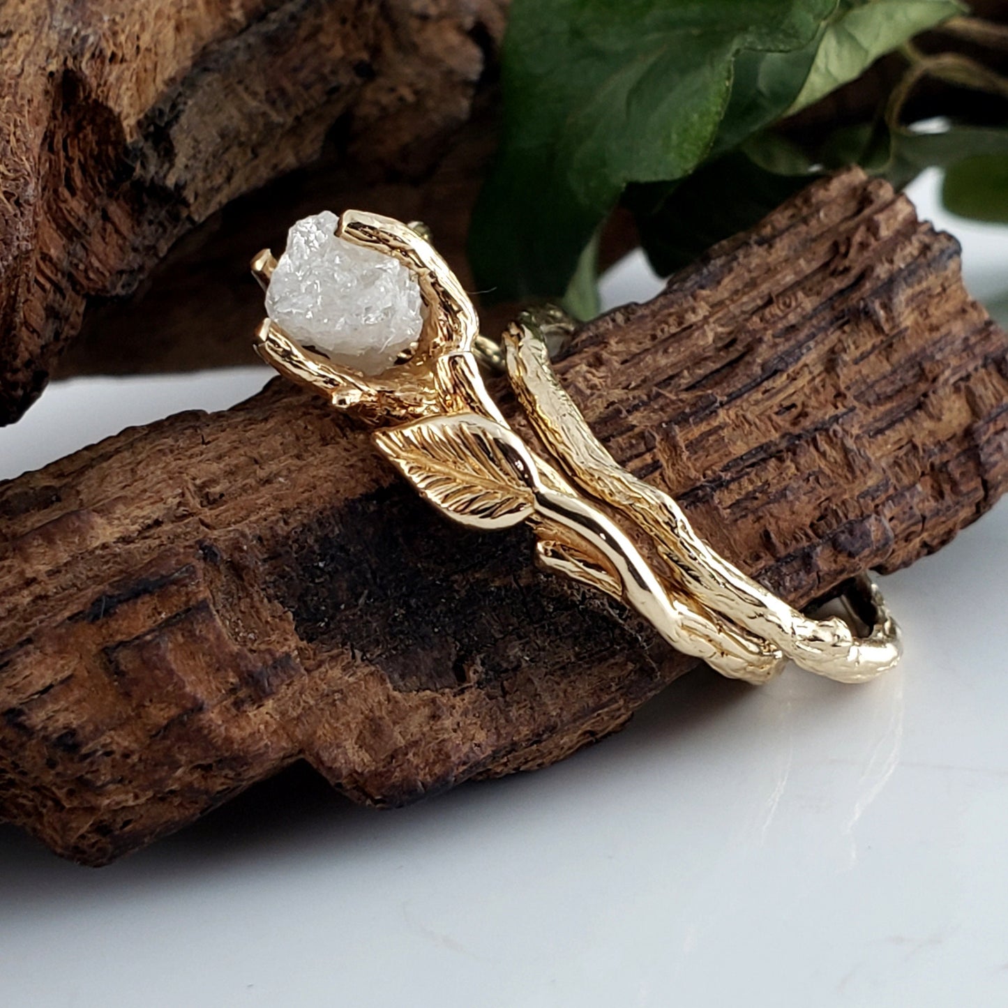 Rough Diamond Solitaire Ring with Leaf and Twig Design