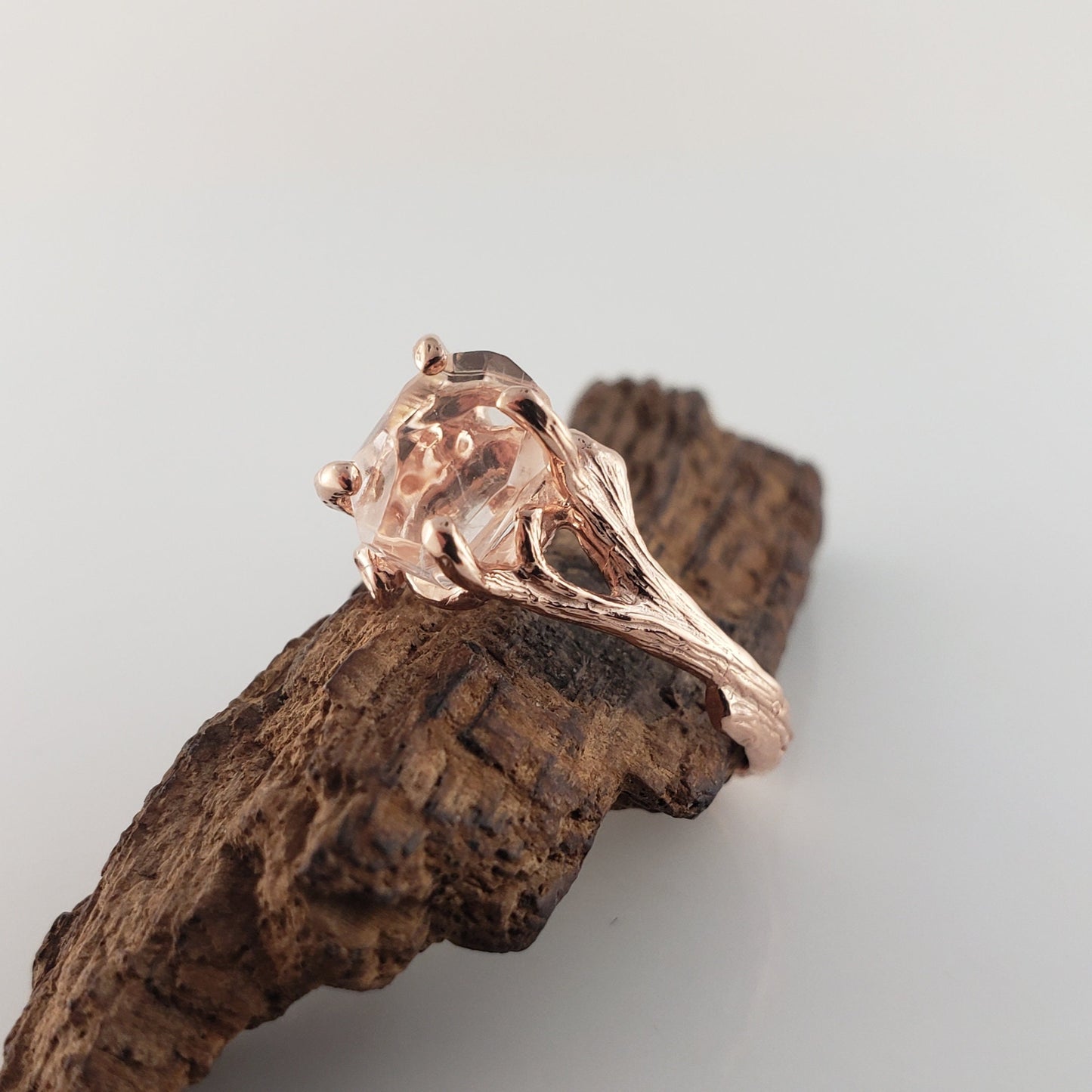 Hand-Cut Morganite Twig Engagement Ring, Gemstone Solitaire Ring