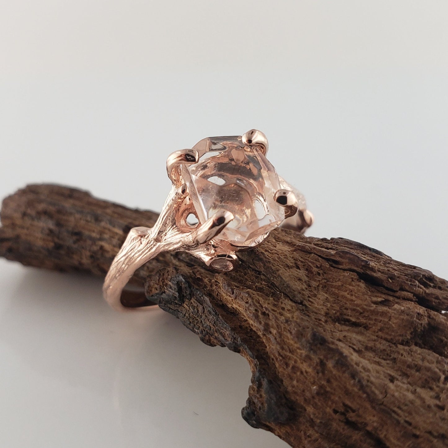 Hand-Cut Morganite Twig Engagement Ring, Gemstone Solitaire Ring