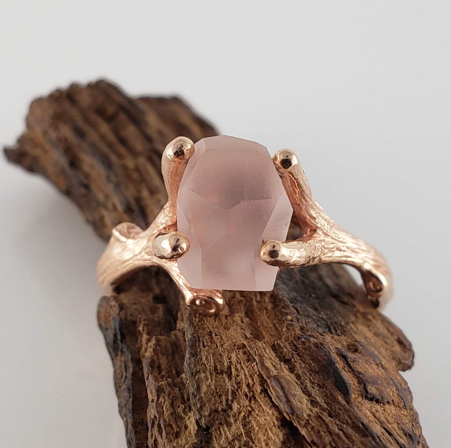 Hand-Cut Matte Finish Morganite Twig Engagement Ring