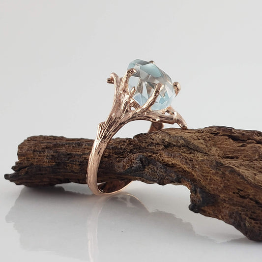 Hand-cut Raw Aquamarine Twig and Branch Style Engagement Ring