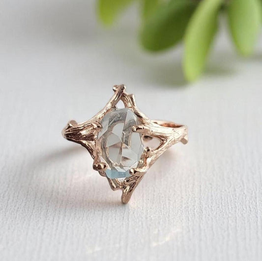 Hand-cut Raw Aquamarine Twig and Branch Style Engagement Ring