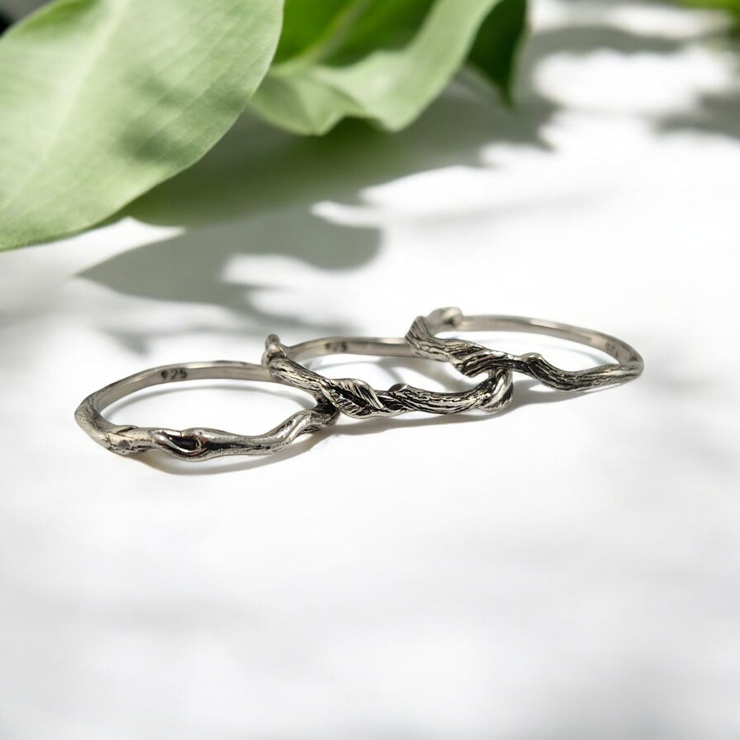 Leaf, Twig & Vine Stackable Rings in Sterling Silver - Set of 3 - DV Jewelry Designs