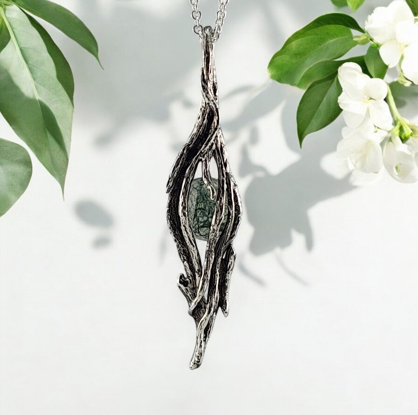 Moss Agate Gemstone Sterling Silver Pendant - DV Jewelry Designs