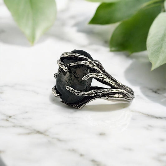 Oval Moss Agate Cabochon Gemstone Ring