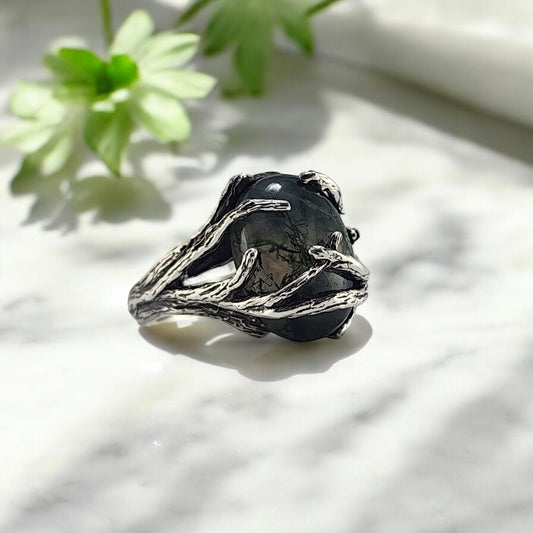 Oval Moss Agate Cabochon Gemstone Ring