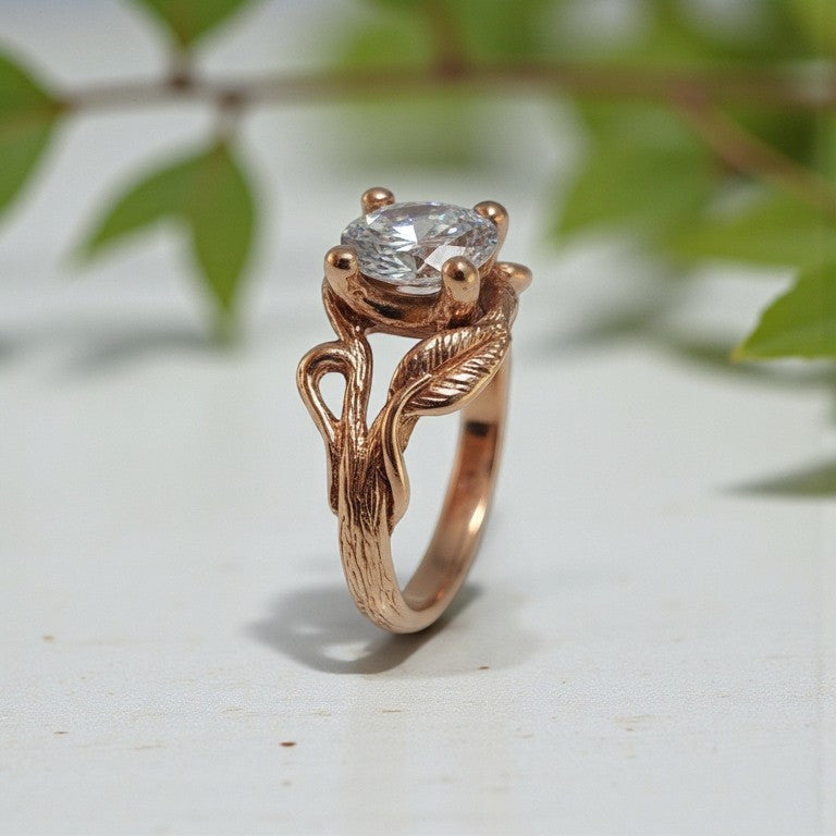 Oval Moissanite Twig Engagement Ring – Nature-Inspired Branch & Leaf Design