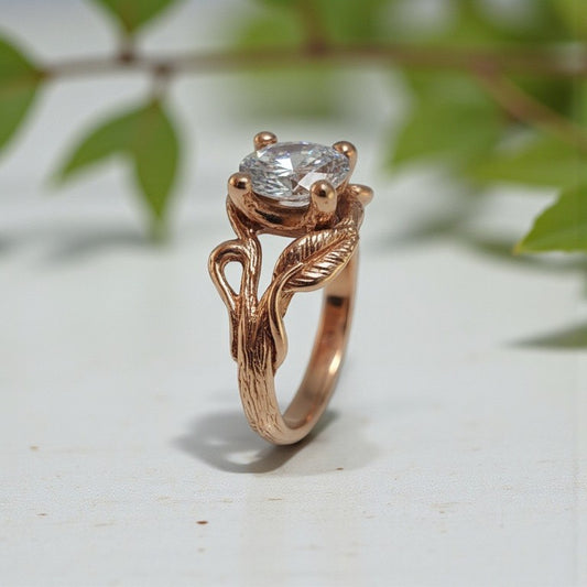 Oval Moissanite Twig Engagement Ring – Nature-Inspired Branch & Leaf Design