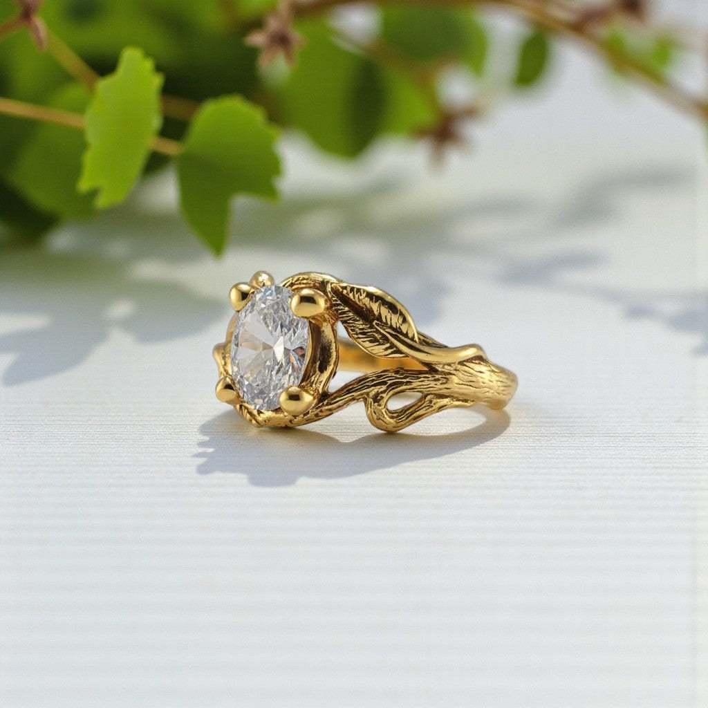 Oval Moissanite Twig Engagement Ring – Nature-Inspired Branch & Leaf Design