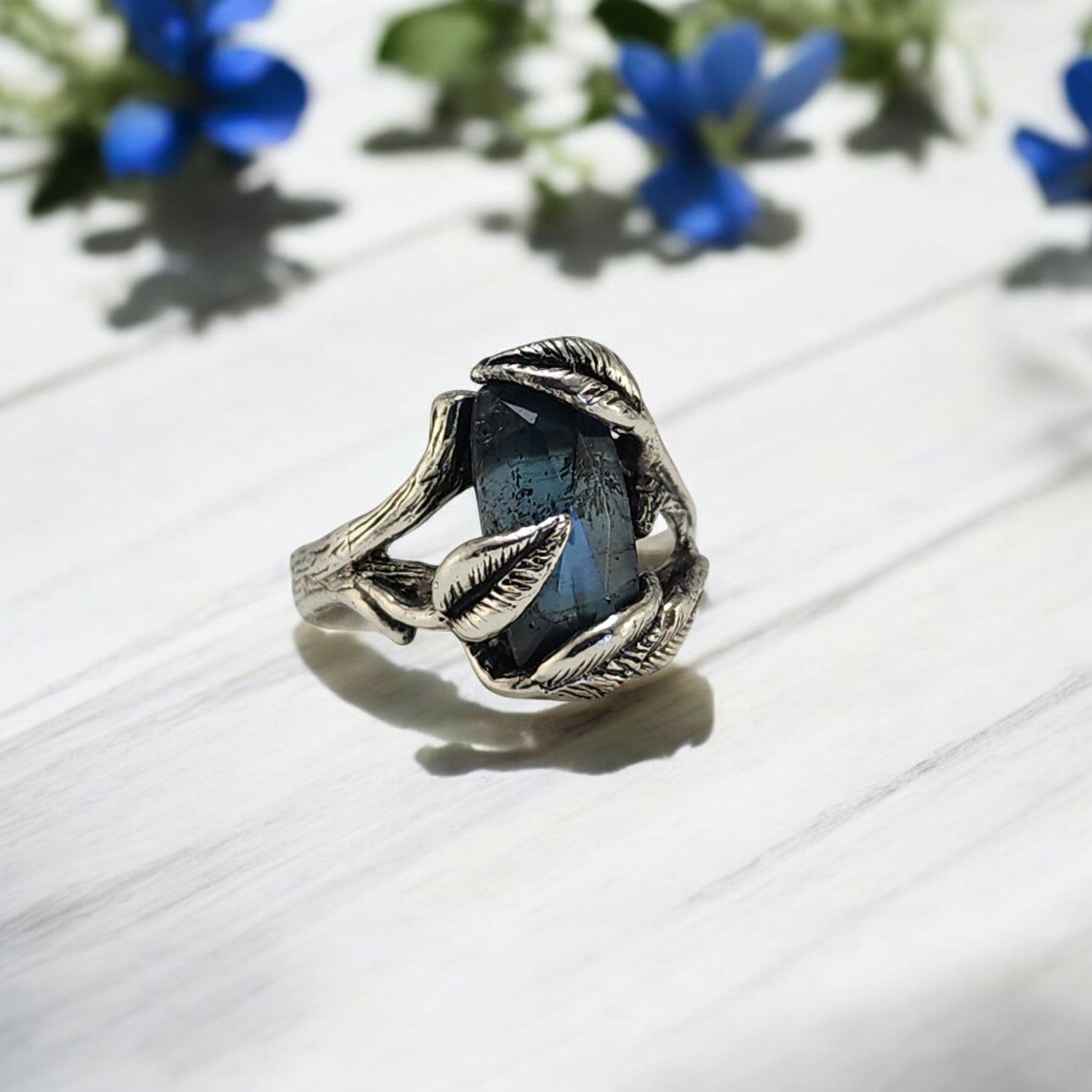 Teal Moss Kyanite Leaf & Twig Ring in Sterling Silver - DV Jewelry Designs